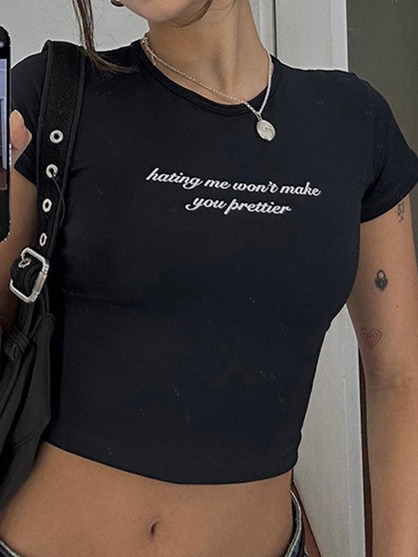 BLACK CROP TOP WITH TEXT - LACE SPLICED SHORT DESIGN