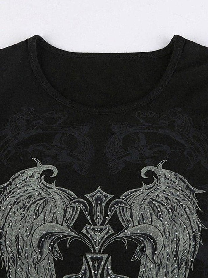 BLACK CROP TOP WITH WINGED DESIGN RHINESTONE WING STYLE