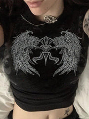 BLACK CROP TOP WITH WINGED DESIGN RHINESTONE WING STYLE