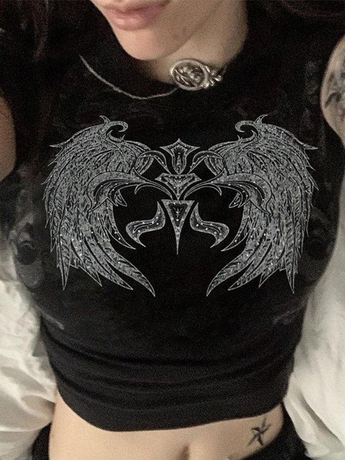 BLACK CROP TOP WITH WINGED DESIGN RHINESTONE WING STYLE