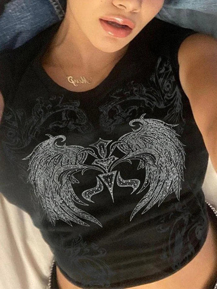 BLACK CROP TOP WITH WINGED DESIGN RHINESTONE WING STYLE