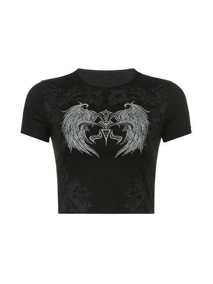 BLACK CROP TOP WITH WINGED DESIGN RHINESTONE WING STYLE
