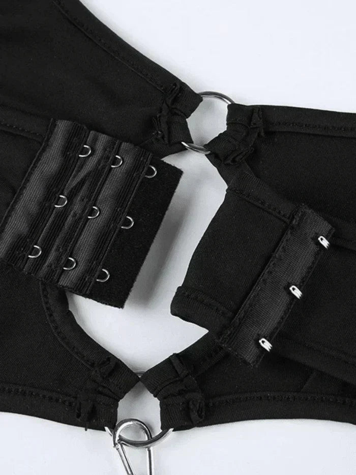 BLACK CUT-OUT CAMI BODYSUIT WITH CHAIN NECKLACE Y2K SLIM FIT