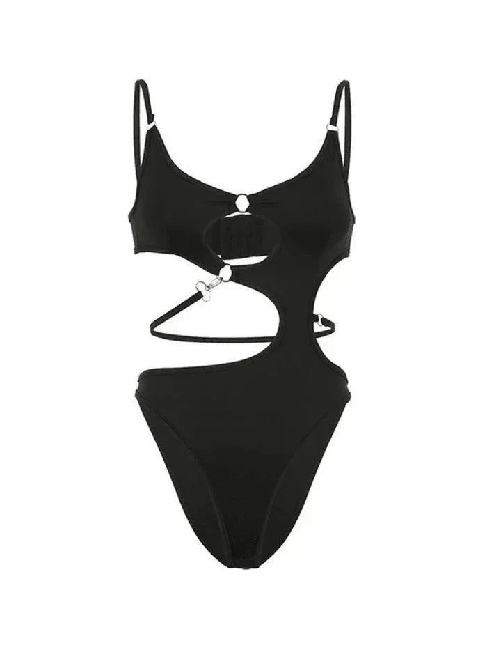 BLACK CUT-OUT CAMI BODYSUIT WITH CHAIN NECKLACE Y2K SLIM FIT