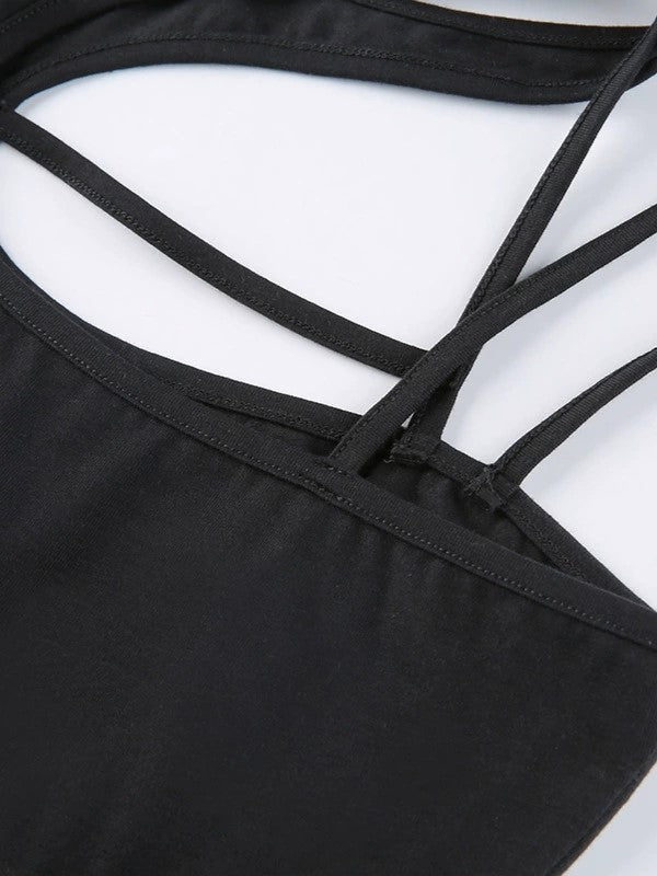 BLACK CUTOUT CROP TOP WITH DISTRESSED DENIM JACKET