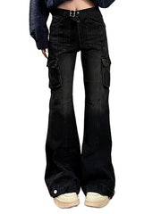 BLACK DENIM CARGO PANTS WITH MICRO HORN DETAILS – VERSATILE CARGO JEANS