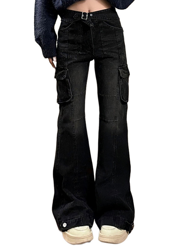BLACK DENIM CARGO PANTS WITH MICRO HORN DETAILS – VERSATILE CARGO JEANS