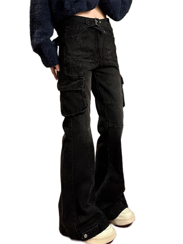 BLACK DENIM CARGO PANTS WITH MICRO HORN DETAILS – VERSATILE CARGO JEANS