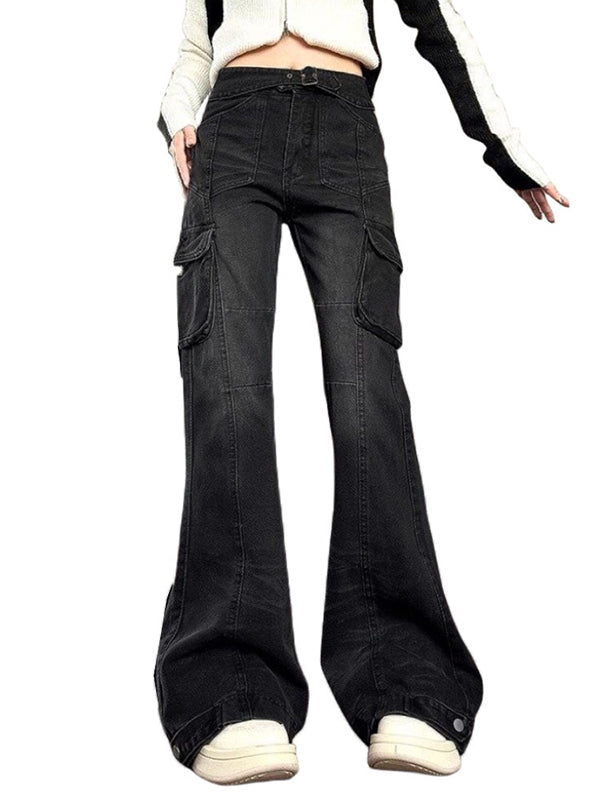 BLACK DENIM CARGO PANTS WITH MICRO HORN DETAILS – VERSATILE CARGO JEANS