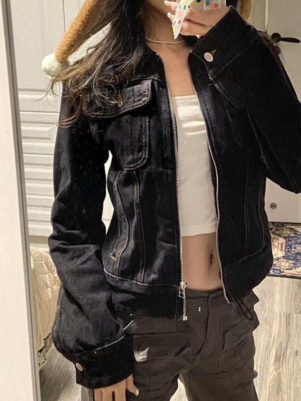 BLACK DENIM JACKET WITH ZIP-UP CLOSURE - BLACK DENIM JACKET