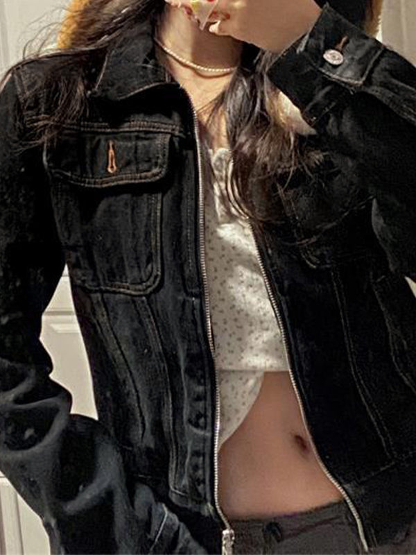 BLACK DENIM JACKET WITH ZIP-UP CLOSURE - BLACK DENIM JACKET