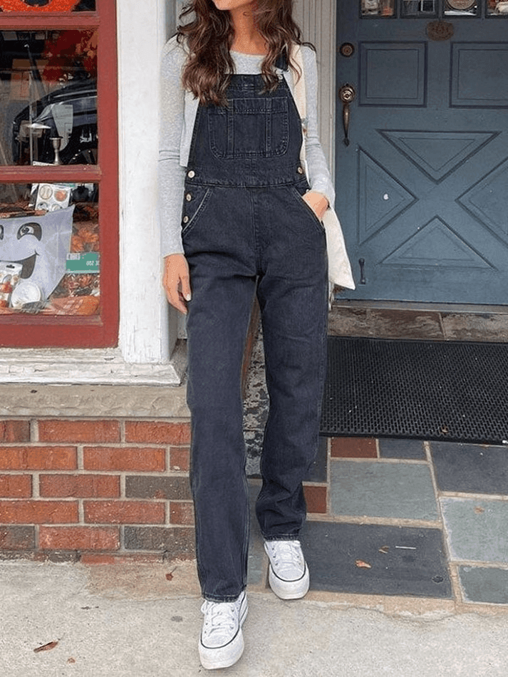 BLACK DENIM OVERALLS VINTAGE WASHED DENIM FASHION PIECE