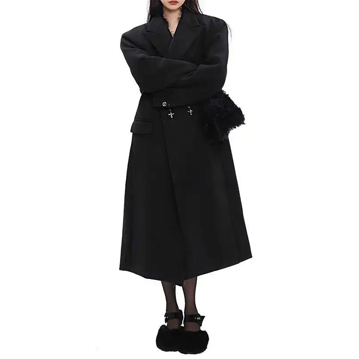 BLACK DOUBLE-BREASTED OVERCOAT MODEL BEHAVIOR LONG COAT