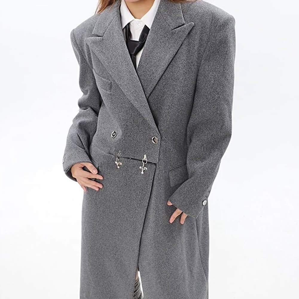 BLACK DOUBLE-BREASTED OVERCOAT MODEL BEHAVIOR LONG COAT