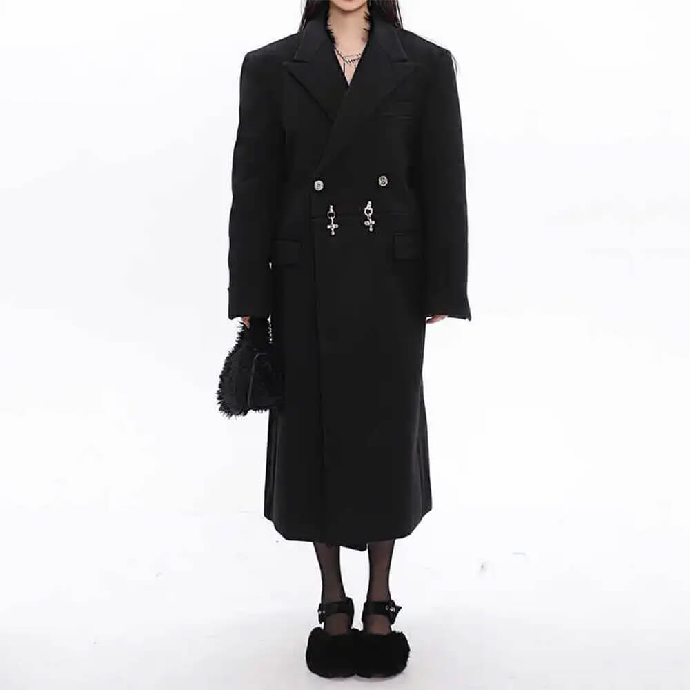 BLACK DOUBLE-BREASTED OVERCOAT MODEL BEHAVIOR LONG COAT