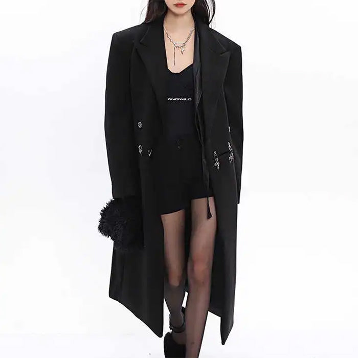 BLACK DOUBLE-BREASTED OVERCOAT MODEL BEHAVIOR LONG COAT