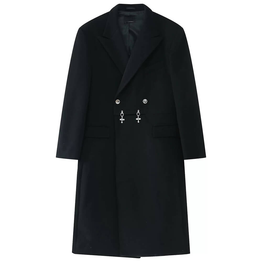 BLACK DOUBLE-BREASTED OVERCOAT MODEL BEHAVIOR LONG COAT