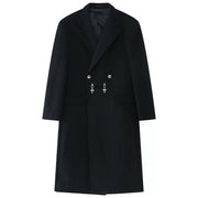 BLACK DOUBLE-BREASTED OVERCOAT MODEL BEHAVIOR LONG COAT
