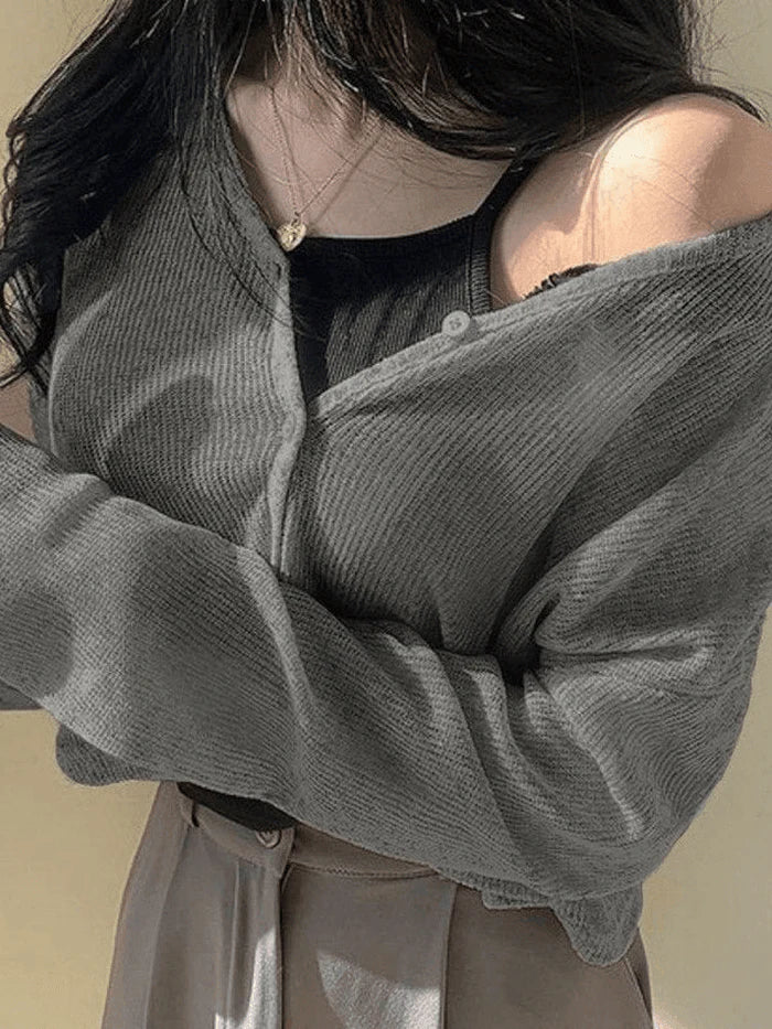 BLACK DRESS AND GRAY CARDIGAN SET WITH DROP SHOULDER SLEEVES