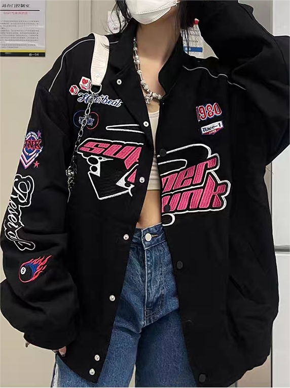 BLACK EMBROIDERED RACING JACKET VINTAGE MOTORCYCLE BOMBER JACKET