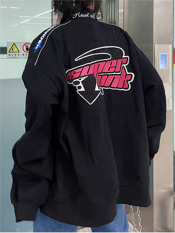 BLACK EMBROIDERED RACING JACKET VINTAGE MOTORCYCLE BOMBER JACKET