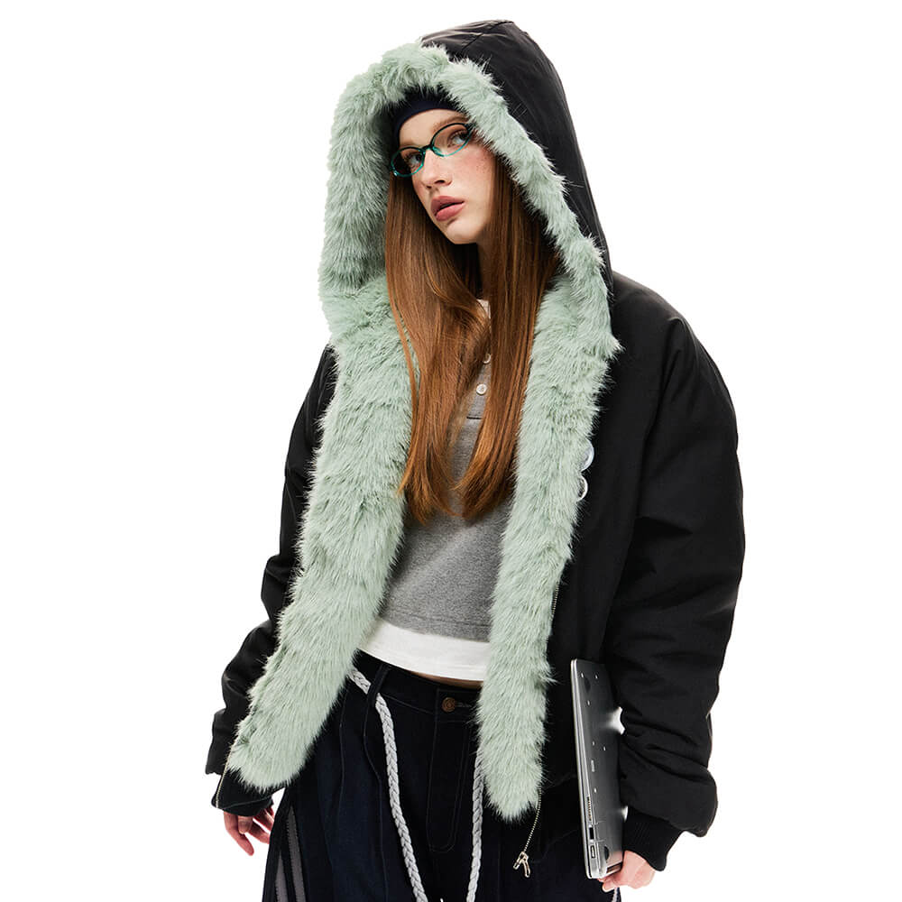 BLACK FAUX FUR Y2K PARKA JACKET