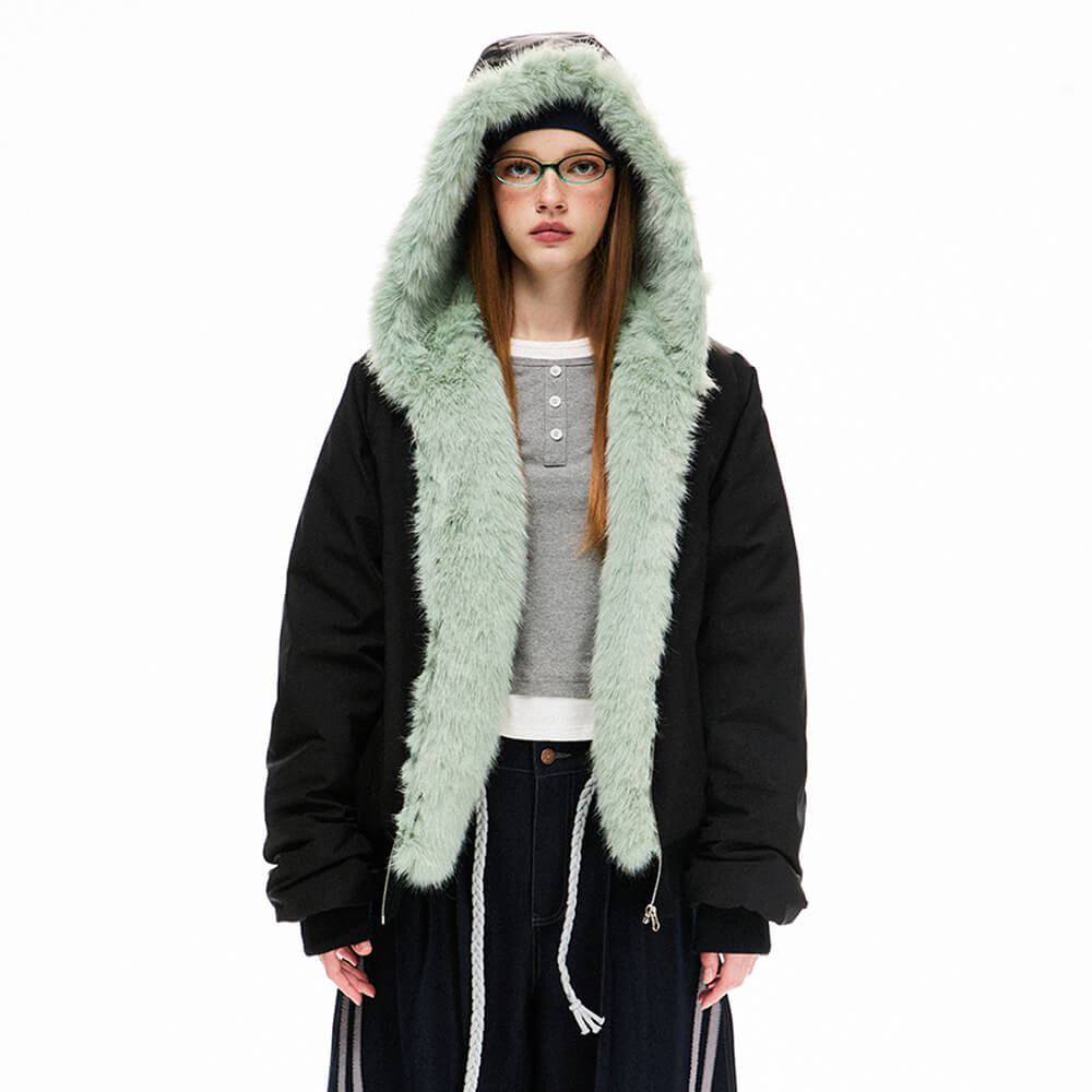 BLACK FAUX FUR Y2K PARKA JACKET
