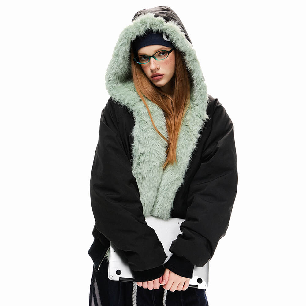 BLACK FAUX FUR Y2K PARKA JACKET
