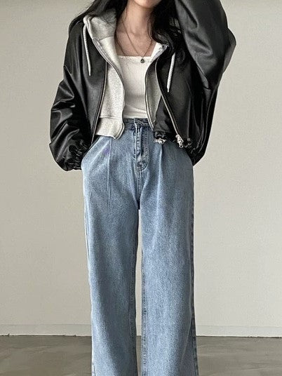 BLACK FAUX LEATHER BOMBER JACKET CUSTOMIZABLE STREET STYLE