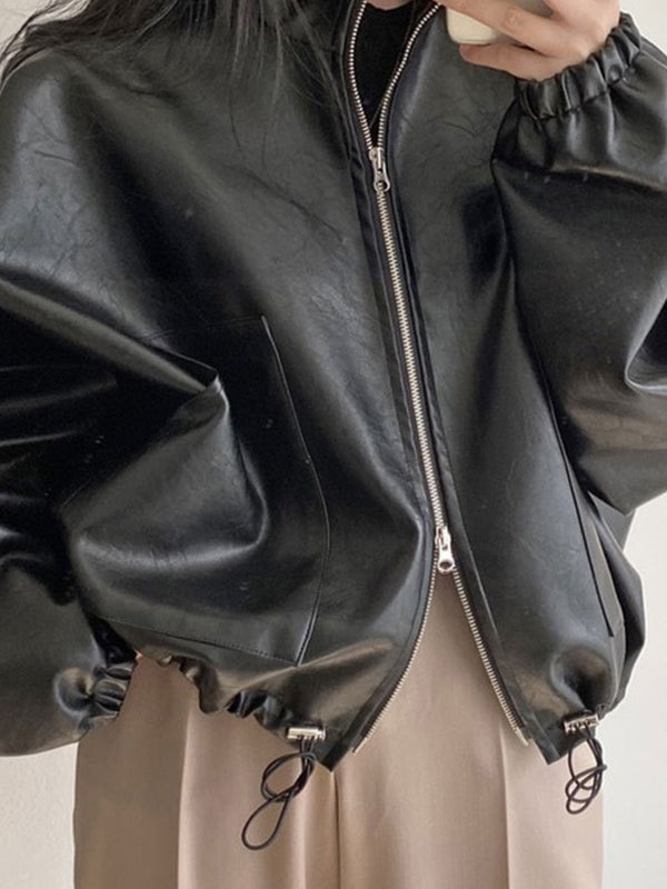 BLACK FAUX LEATHER BOMBER JACKET CUSTOMIZABLE STREET STYLE