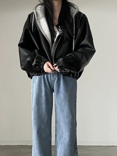 BLACK FAUX LEATHER BOMBER JACKET CUSTOMIZABLE STREET STYLE