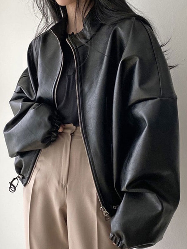 BLACK FAUX LEATHER BOMBER JACKET CUSTOMIZABLE STREET STYLE