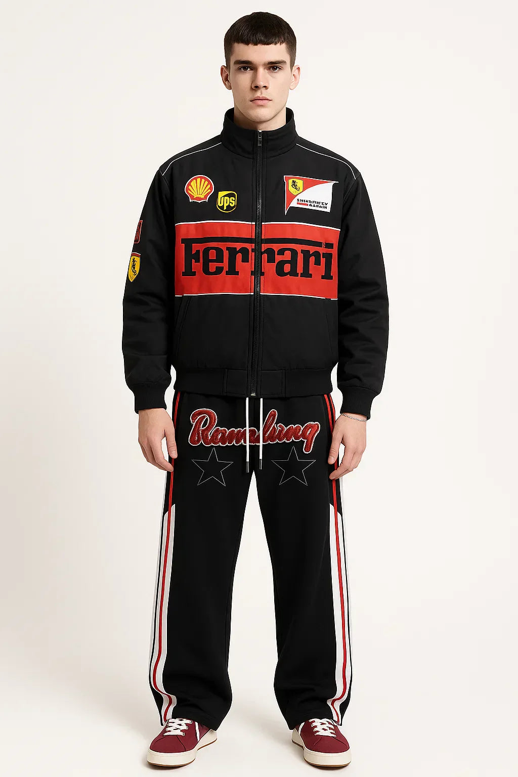 BLACK FERRARI PIT STOP ROYALTY RACING SUIT AND PANTS OUTFIT