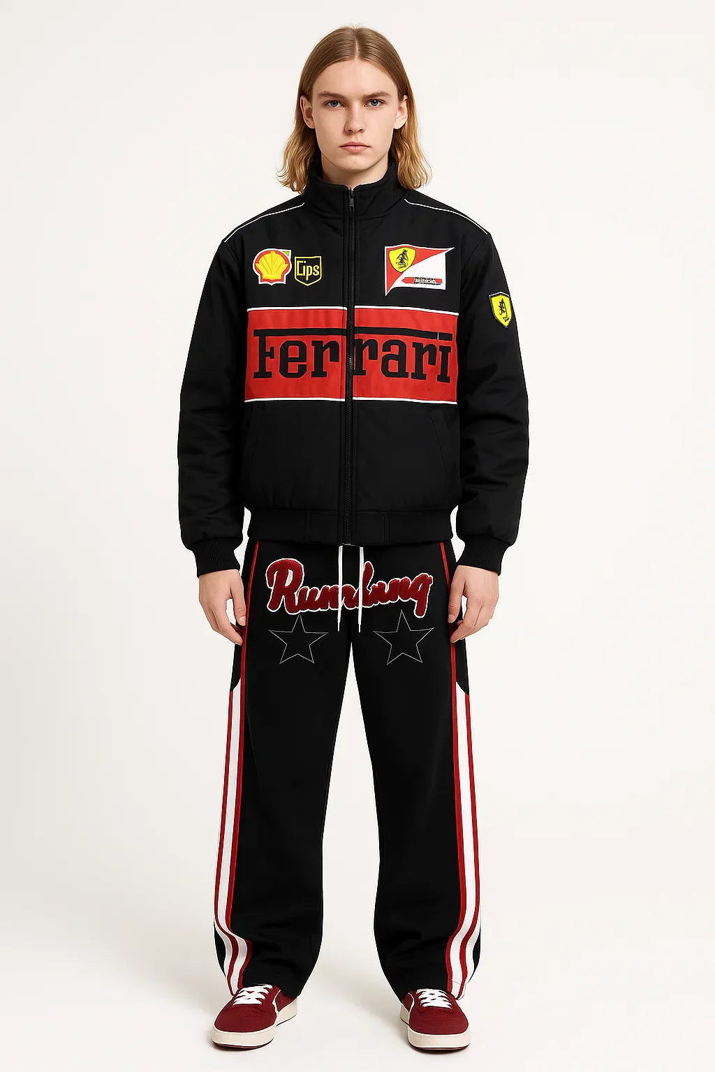 BLACK FERRARI PIT STOP ROYALTY RACING SUIT AND PANTS OUTFIT