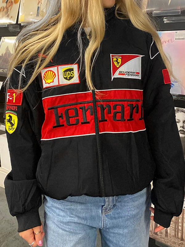 BLACK FERRARI RACING JACKET WITH VIBRANT COLOR BLOCK DESIGN