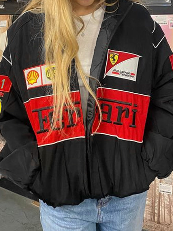 BLACK FERRARI RACING JACKET WITH VIBRANT COLOR BLOCK DESIGN