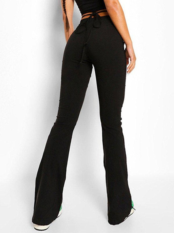 BLACK FLARED TROUSERS WITH CRISSCROSS WAIST - BLACK FLARED TROUSERS