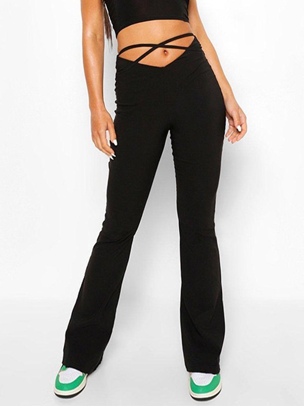 BLACK FLARED TROUSERS WITH CRISSCROSS WAIST - BLACK FLARED TROUSERS