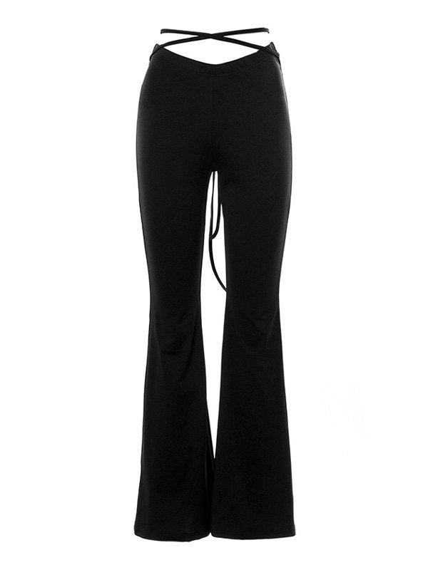 BLACK FLARED TROUSERS WITH CRISSCROSS WAIST - BLACK FLARED TROUSERS