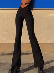 BLACK FLARED TROUSERS WITH CRISSCROSS WAIST - BLACK FLARED TROUSERS