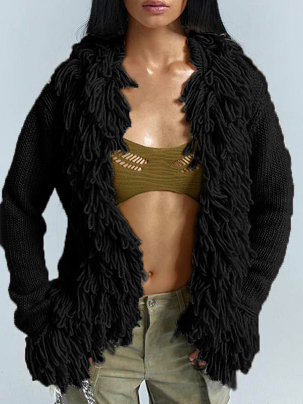 BLACK FRINGED CARDIGAN WITH LONG SLEEVES - CLASSIC SOLID COLOR DESIGN