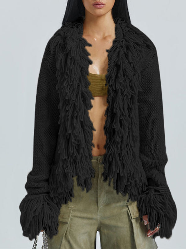 BLACK FRINGED CARDIGAN WITH LONG SLEEVES - CLASSIC SOLID COLOR DESIGN