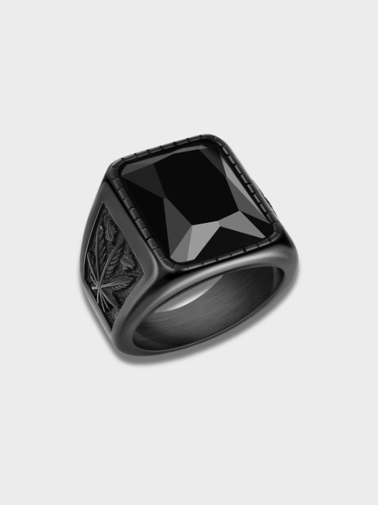 BLACK GEMSTONE RING WITH LEAF DETAIL - ELEGANT STATEMENT JEWELRY