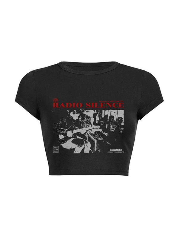 BLACK GRAPHIC CROP TOP WITH HIP POP SLIM FIT DESIGN
