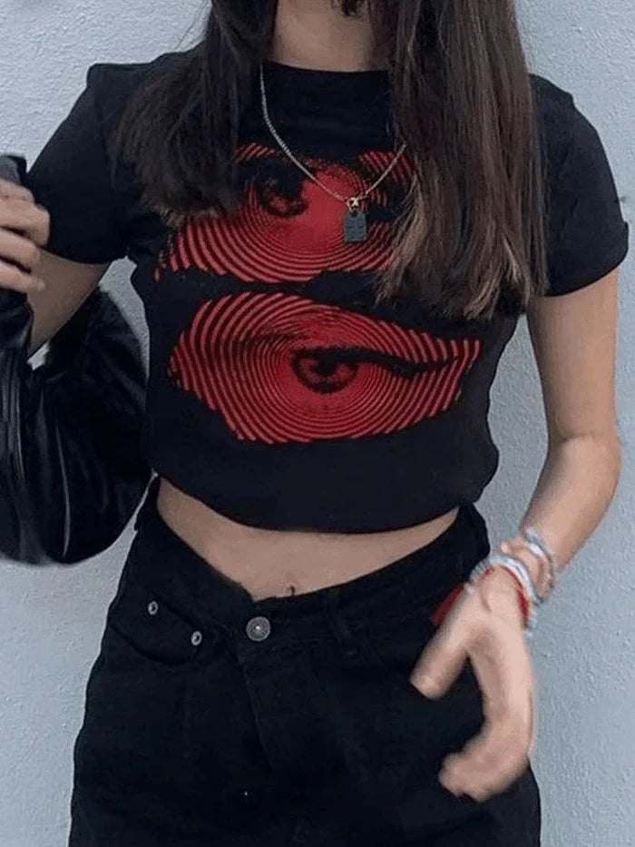 BLACK GRAPHIC CROP TOP WITH RED EYE DESIGN - SLIM FIT COTTON BLEND