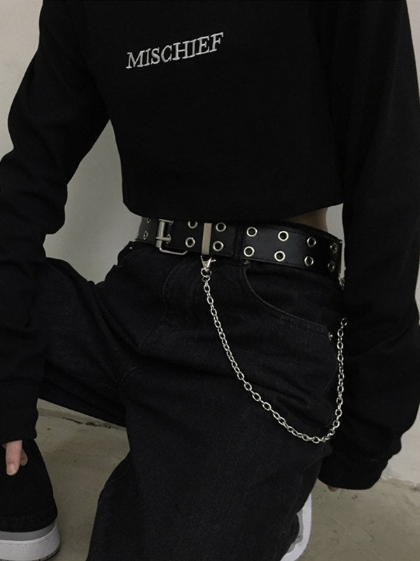 BLACK GROMMET BELT WITH REMOVABLE CHAIN AND ALLOY BUCKLE