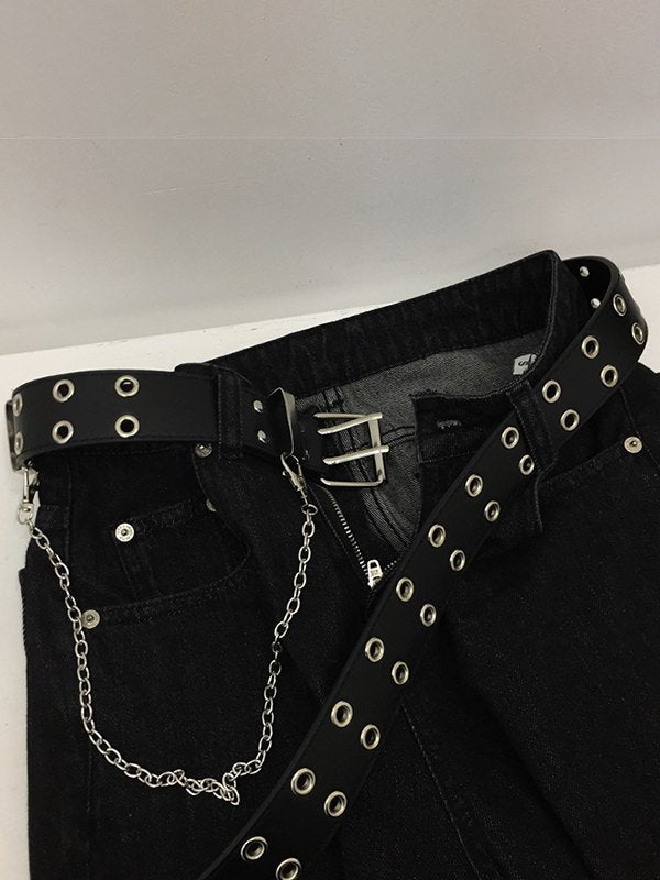 BLACK GROMMET BELT WITH REMOVABLE CHAIN AND ALLOY BUCKLE