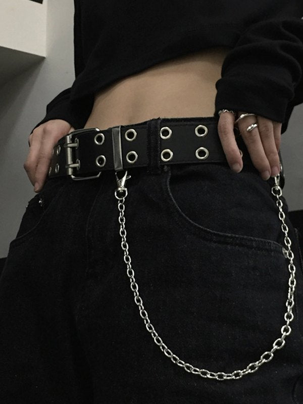BLACK GROMMET BELT WITH REMOVABLE CHAIN AND ALLOY BUCKLE
