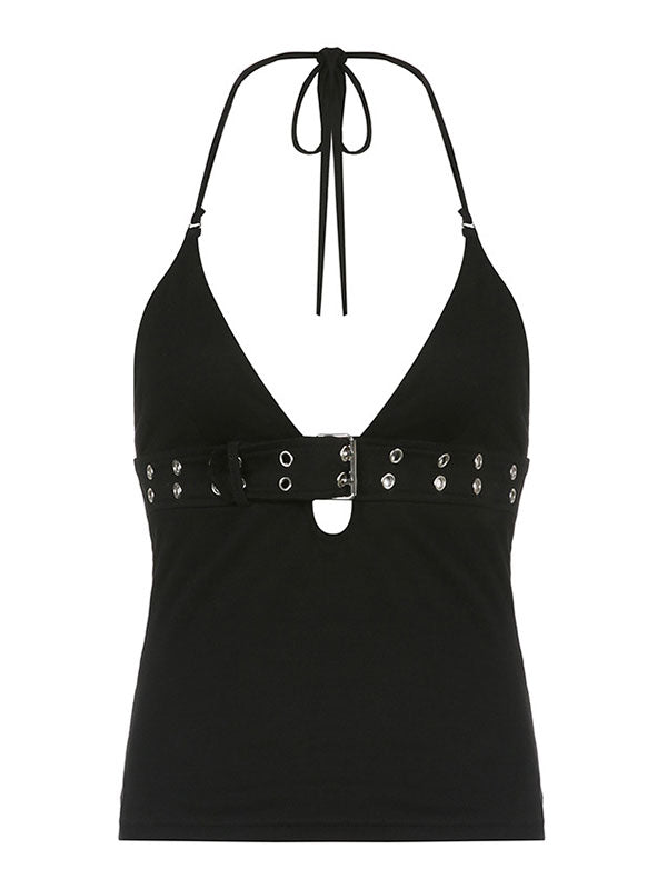 BLACK HALTER CAMI WITH BELT DETAIL AND DURABLE BUCKLE