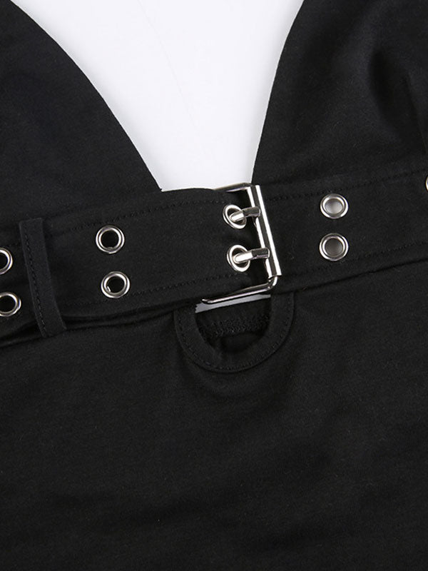 BLACK HALTER CAMI WITH BELT DETAIL AND DURABLE BUCKLE